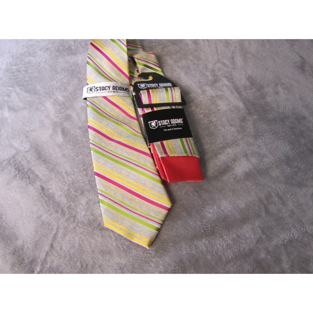 Stacy Adams Mens Multi Color Striped Necktie and 2 Pocket Square Hankie Set NEW